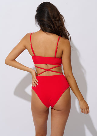 Fiery Red Recycled Lace-Up One-Piece